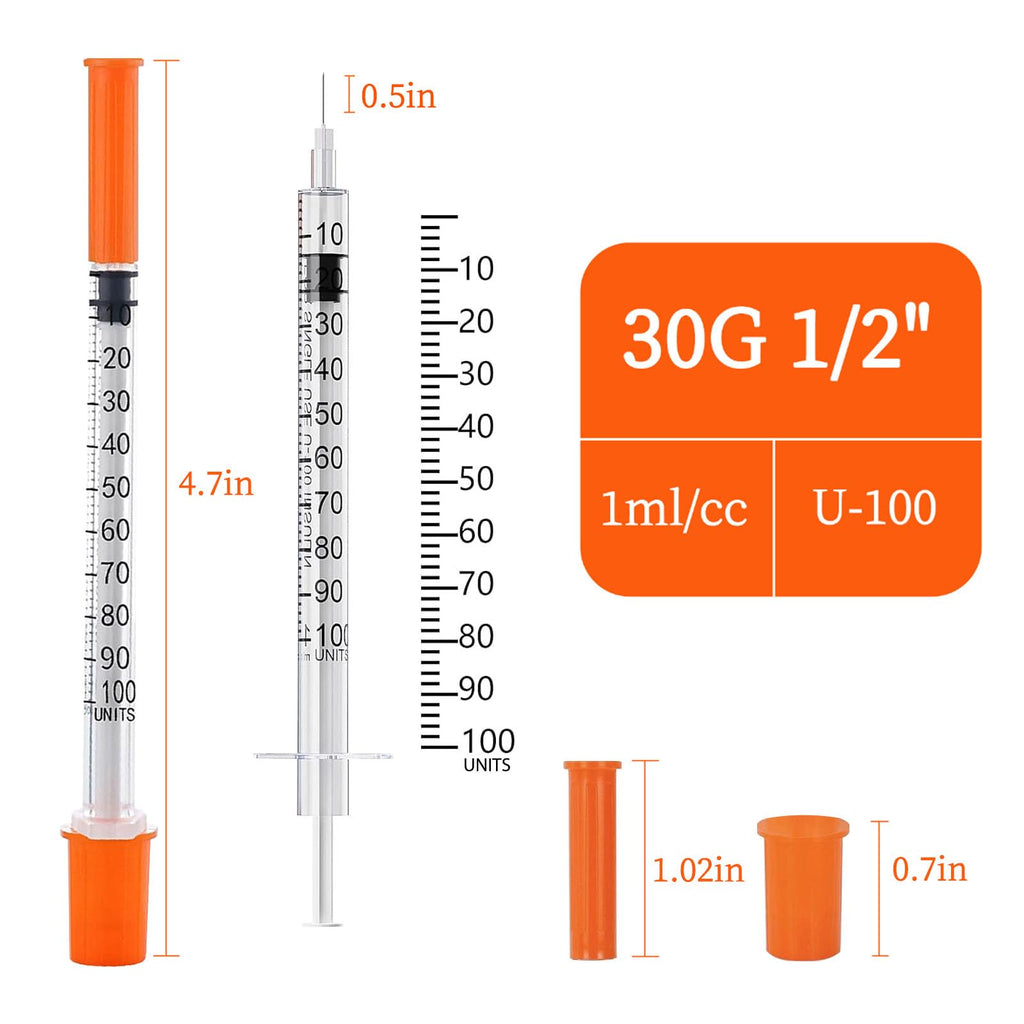 100PACK 1ML Syringe with 30G 1/2" (13mm) Needle, Individually Wrapped Lab Supplies (1CC 30G 1/2"-100PACK)
