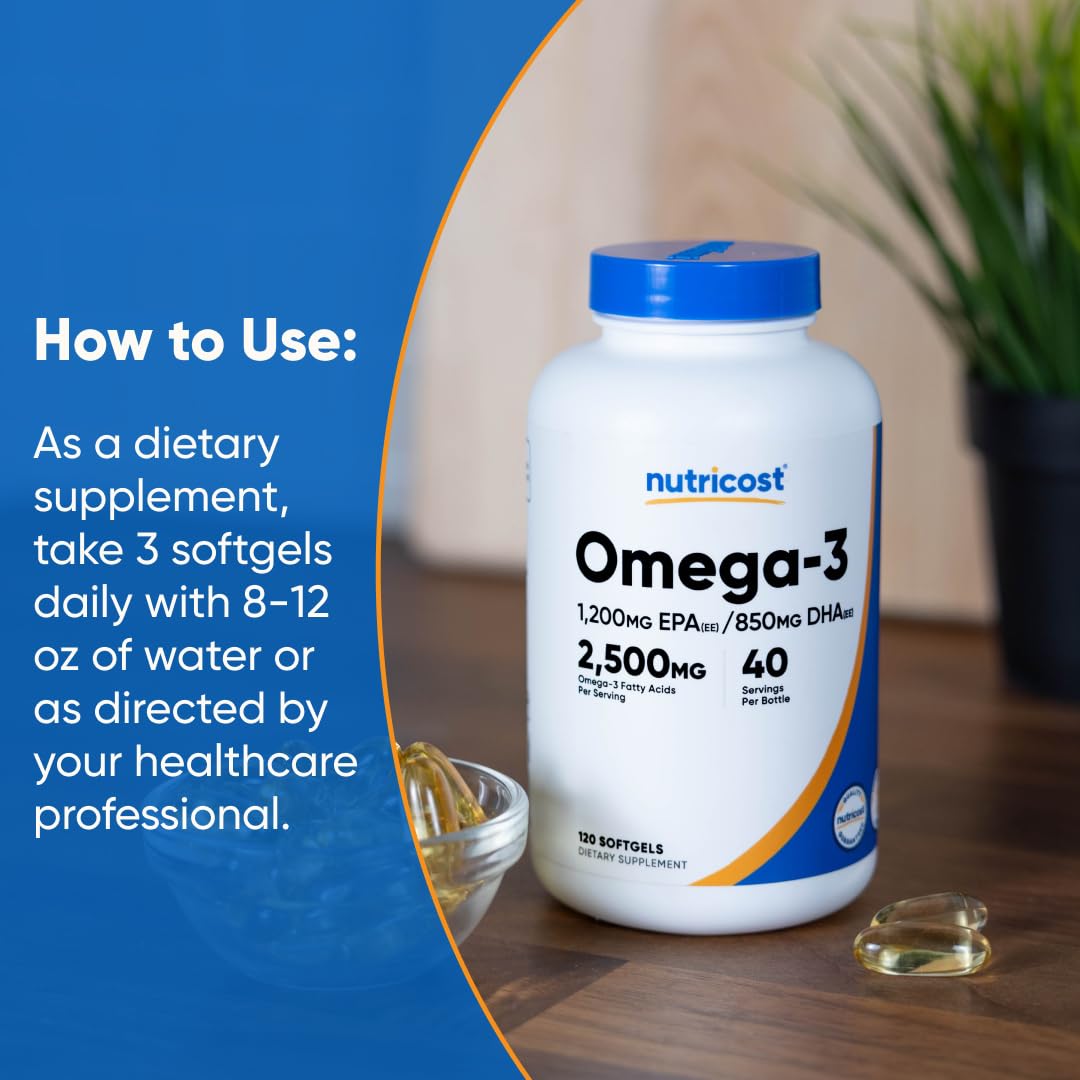 Omega 3 Fish Oil - 2500MG, 120 Sofgels, 1200mg EPA 850mg DHA - Non-GMO, Gluten Free