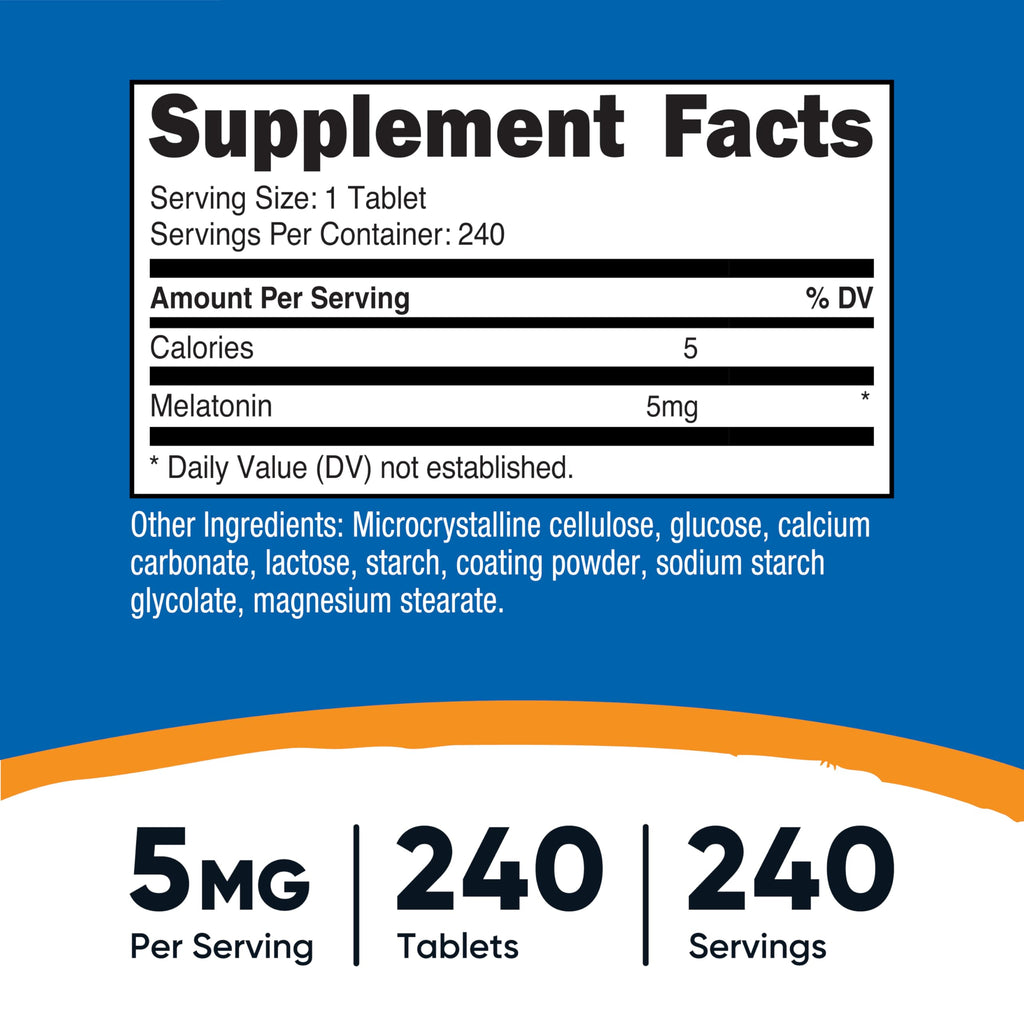Melatonin 5mg, 240 Tablets - 5mg Per Serving, Non-GMO, Gluten Free