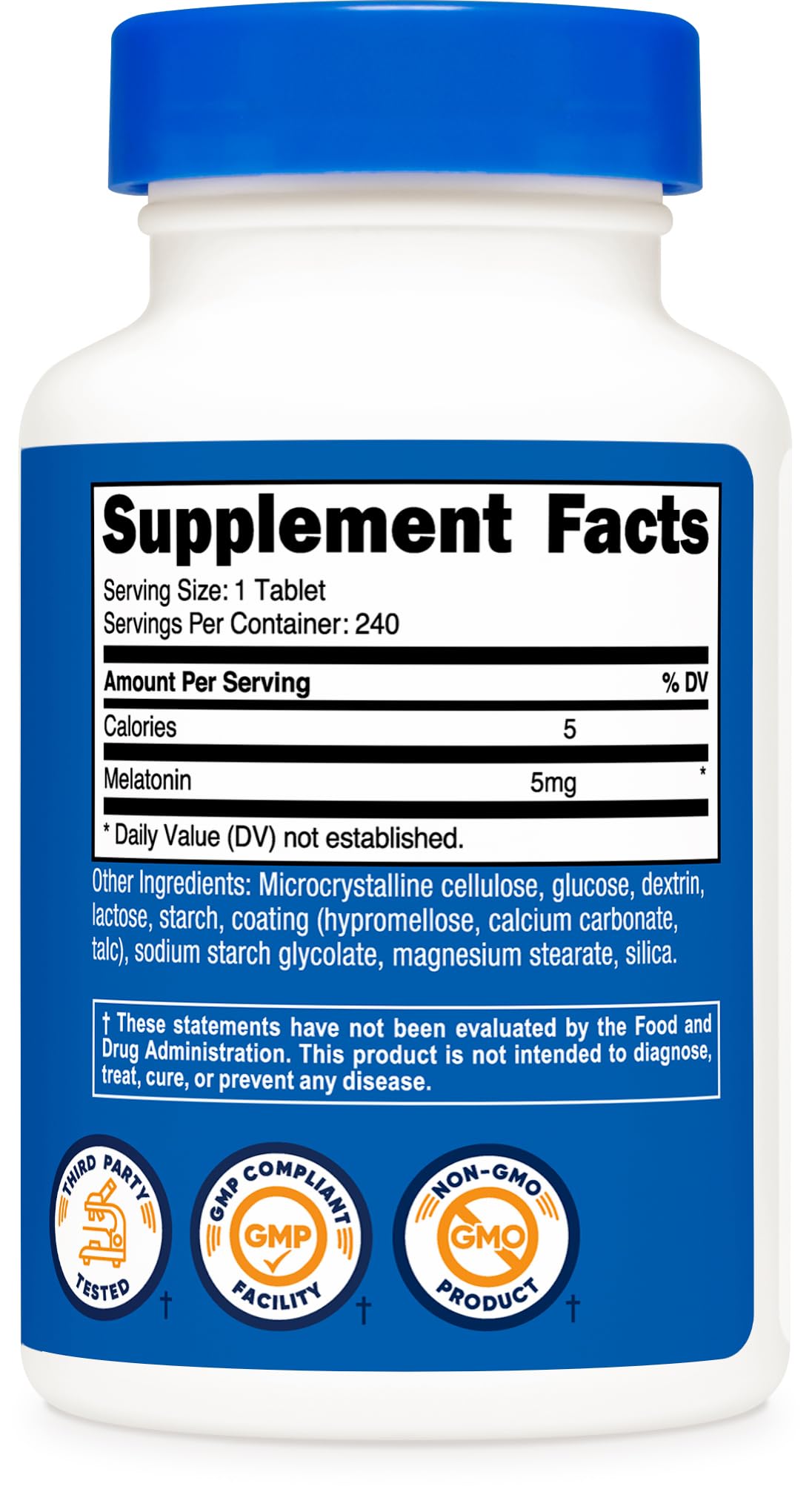 Melatonin 5mg, 240 Tablets - 5mg Per Serving, Non-GMO, Gluten Free