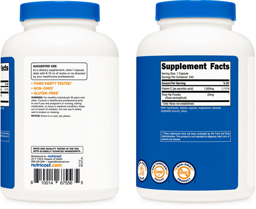 Vitamin C 1000mg, 120-240 count, Premium, Non-GMO, Gluten Free Supplement