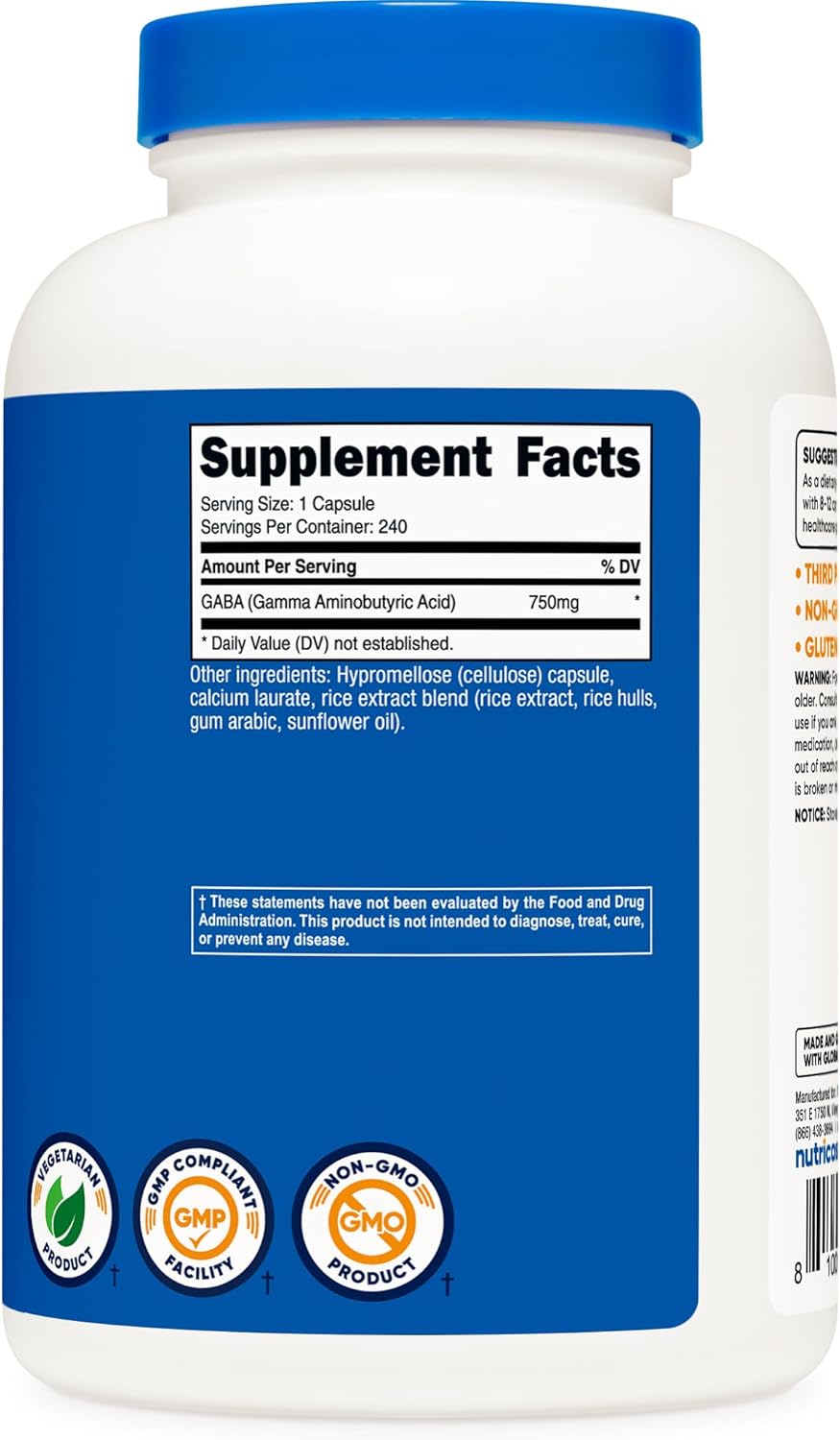 GABA (Gamma Aminobutyric Acid) 750mg, 240 Capsules, 240 Servings - Non-GMO, Gluten Free