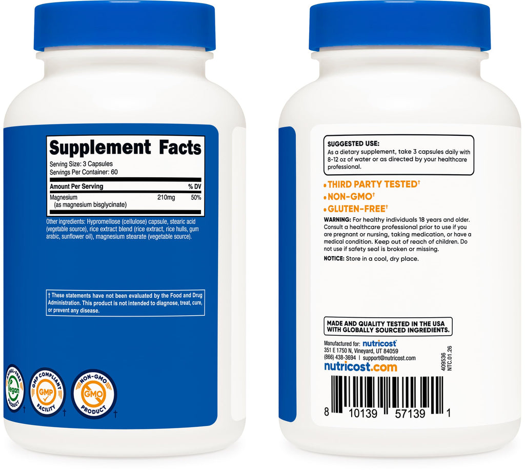 Magnesium Glycinate Capsules (180 Capsules, 210 mg Per Serving)