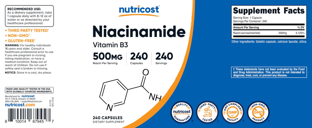 Niacinamide (Vitamin B3) 500mg, 240 Capsules - Non-GMO, Gluten Free
