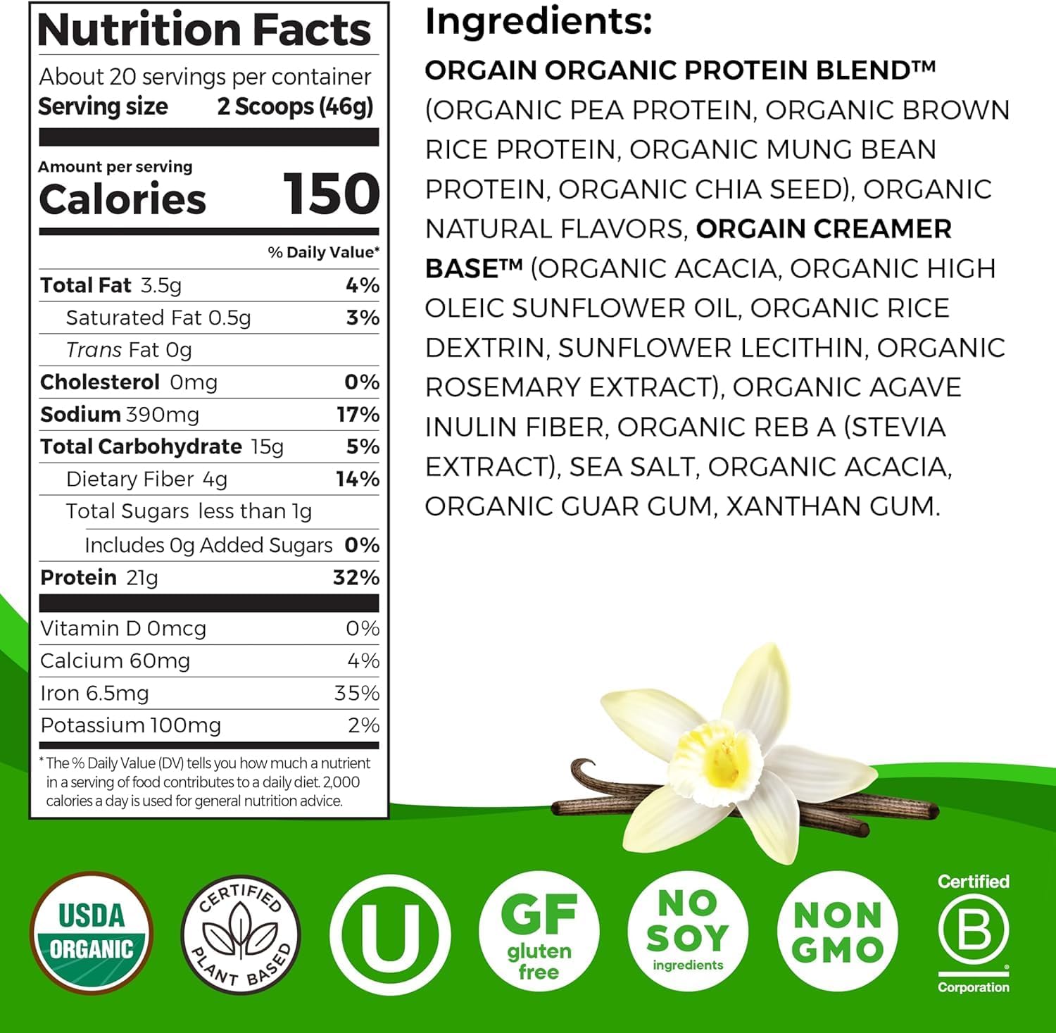 Organic Protein Powder, 21g Plant Protein, No Lactose Ingredients, No Added Sugar