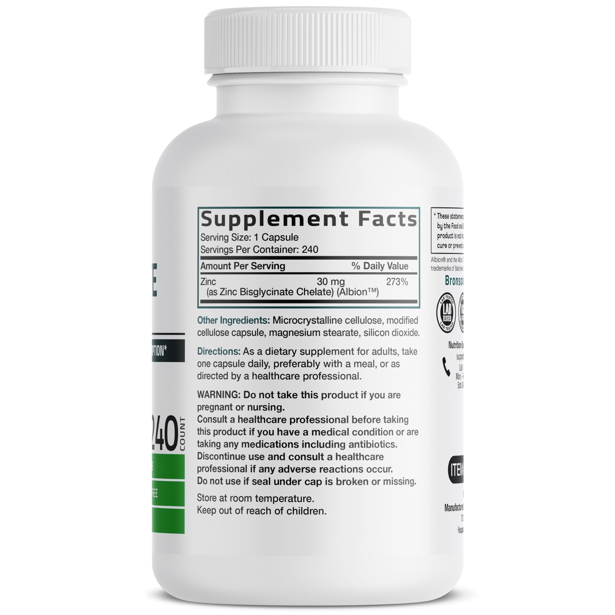 Zinc Glycinate 30mg, 240 Vegetarian Capsules