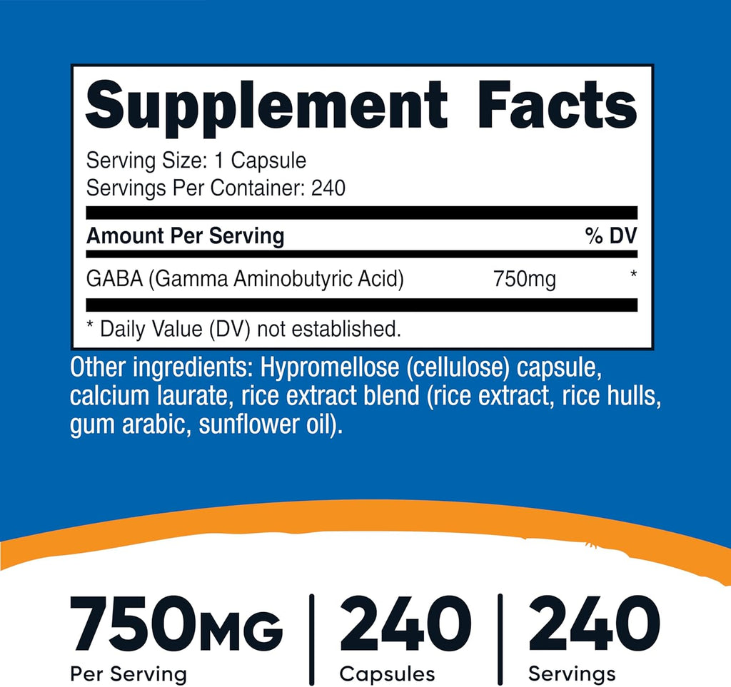 GABA (Gamma Aminobutyric Acid) 750mg, 240 Capsules, 240 Servings - Non-GMO, Gluten Free