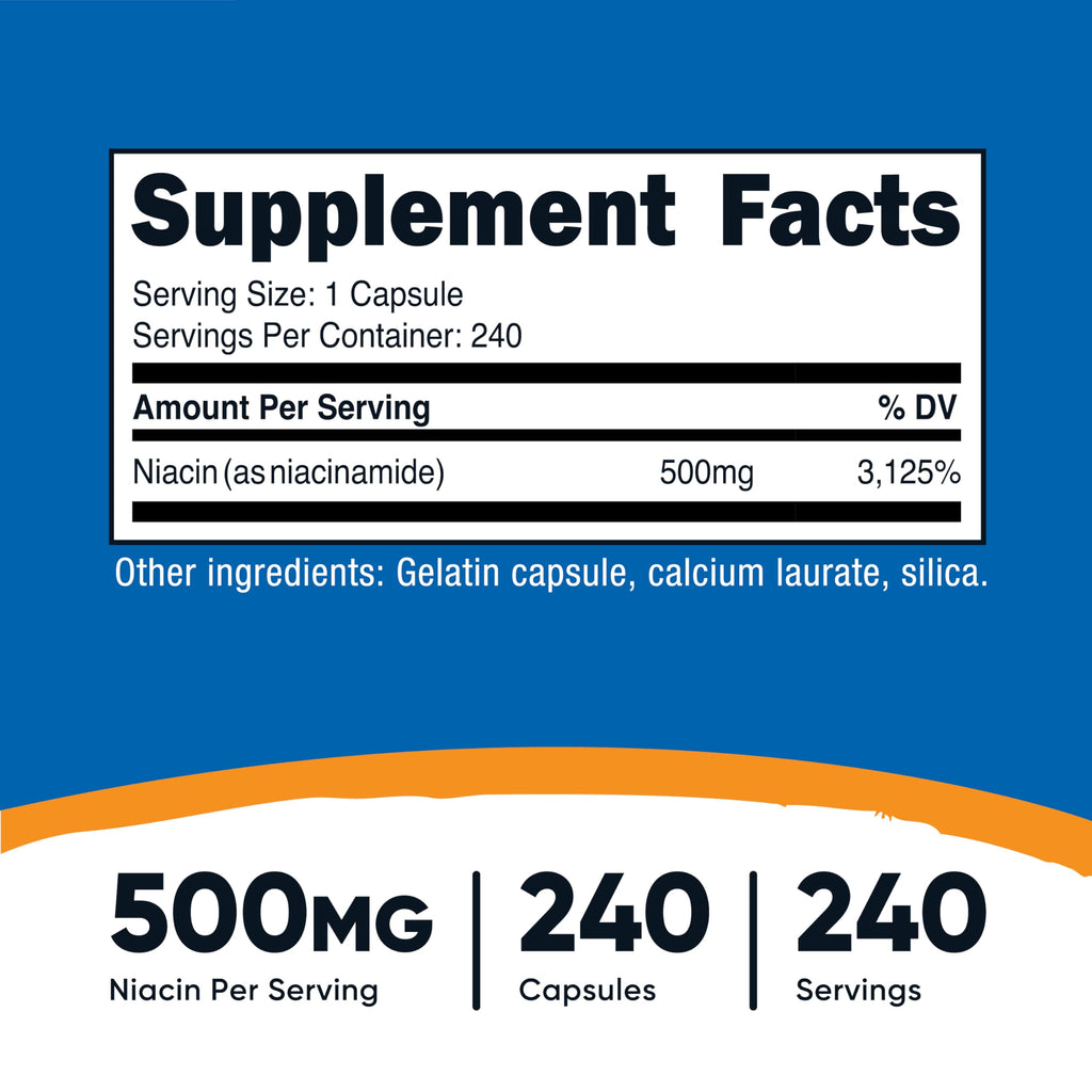 Niacinamide (Vitamin B3) 500mg, 240 Capsules - Non-GMO, Gluten Free