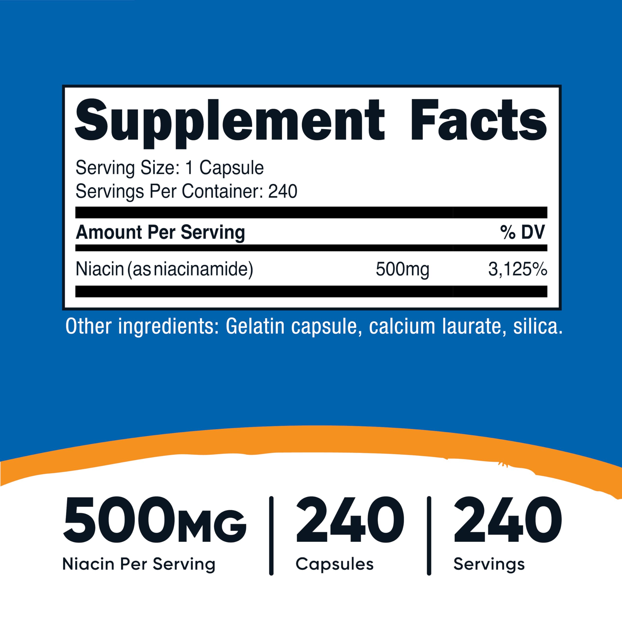 Niacinamide (Vitamin B3) 500mg, 240 Capsules - Non-GMO, Gluten Free
