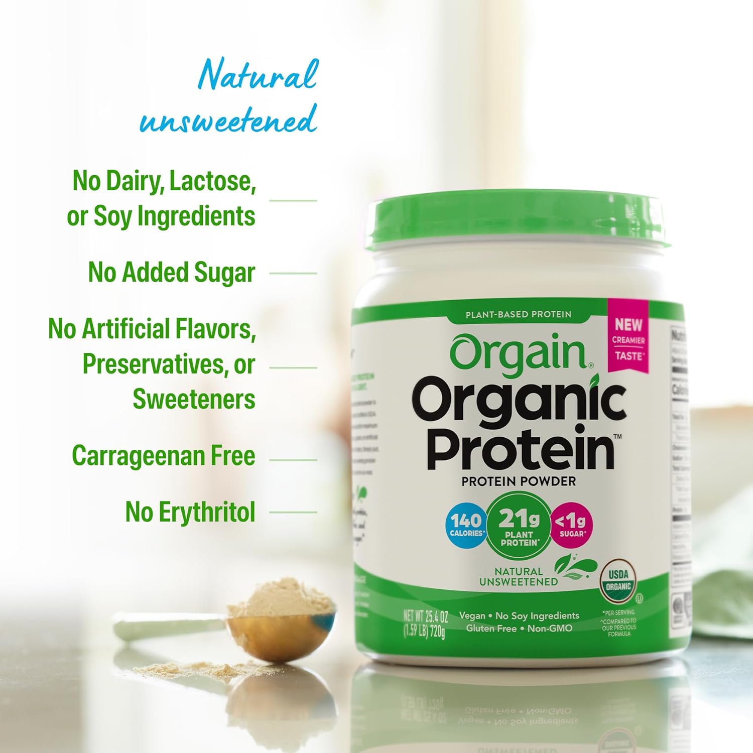 Organic Protein Powder, 21g Plant Protein, No Lactose Ingredients, No Added Sugar