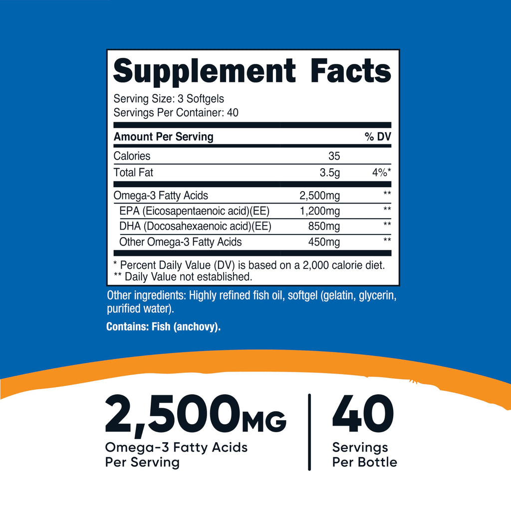 Omega 3 Fish Oil - 2500MG, 120 Sofgels, 1200mg EPA 850mg DHA - Non-GMO, Gluten Free