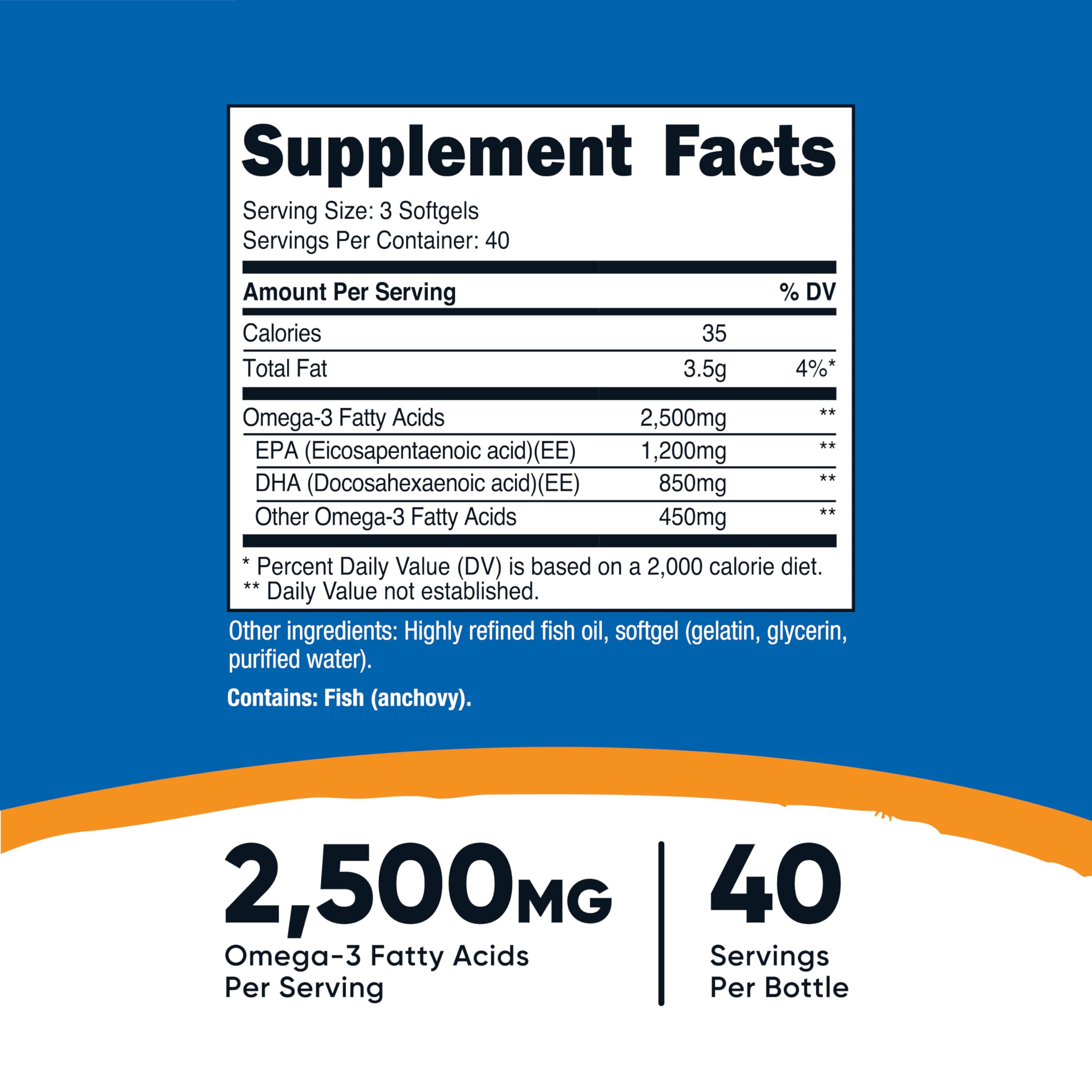 Omega 3 Fish Oil - 2500MG, 120 Sofgels, 1200mg EPA 850mg DHA - Non-GMO, Gluten Free