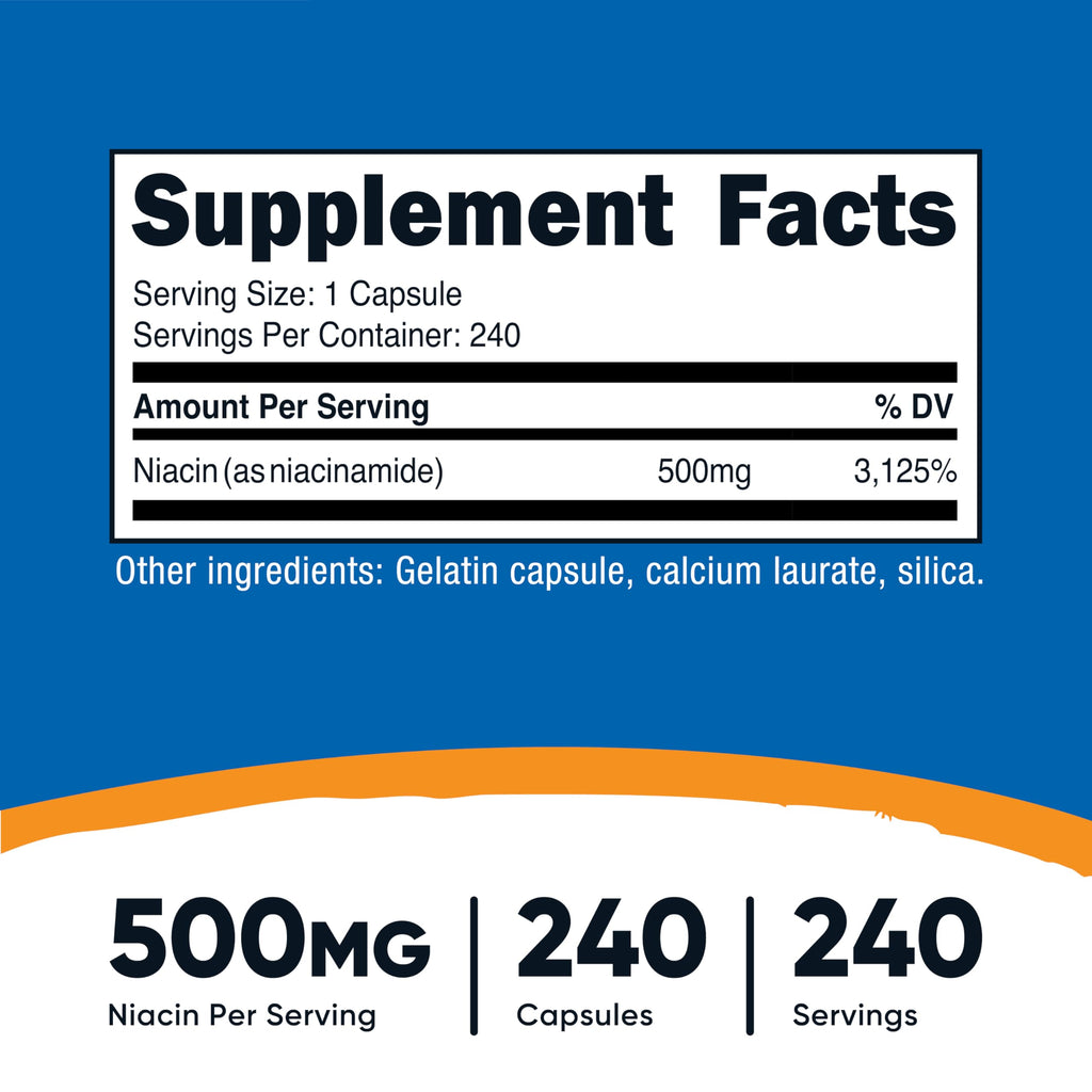 Niacinamide (Vitamin B3) 500mg, 240 Capsules - Non-GMO, Gluten Free