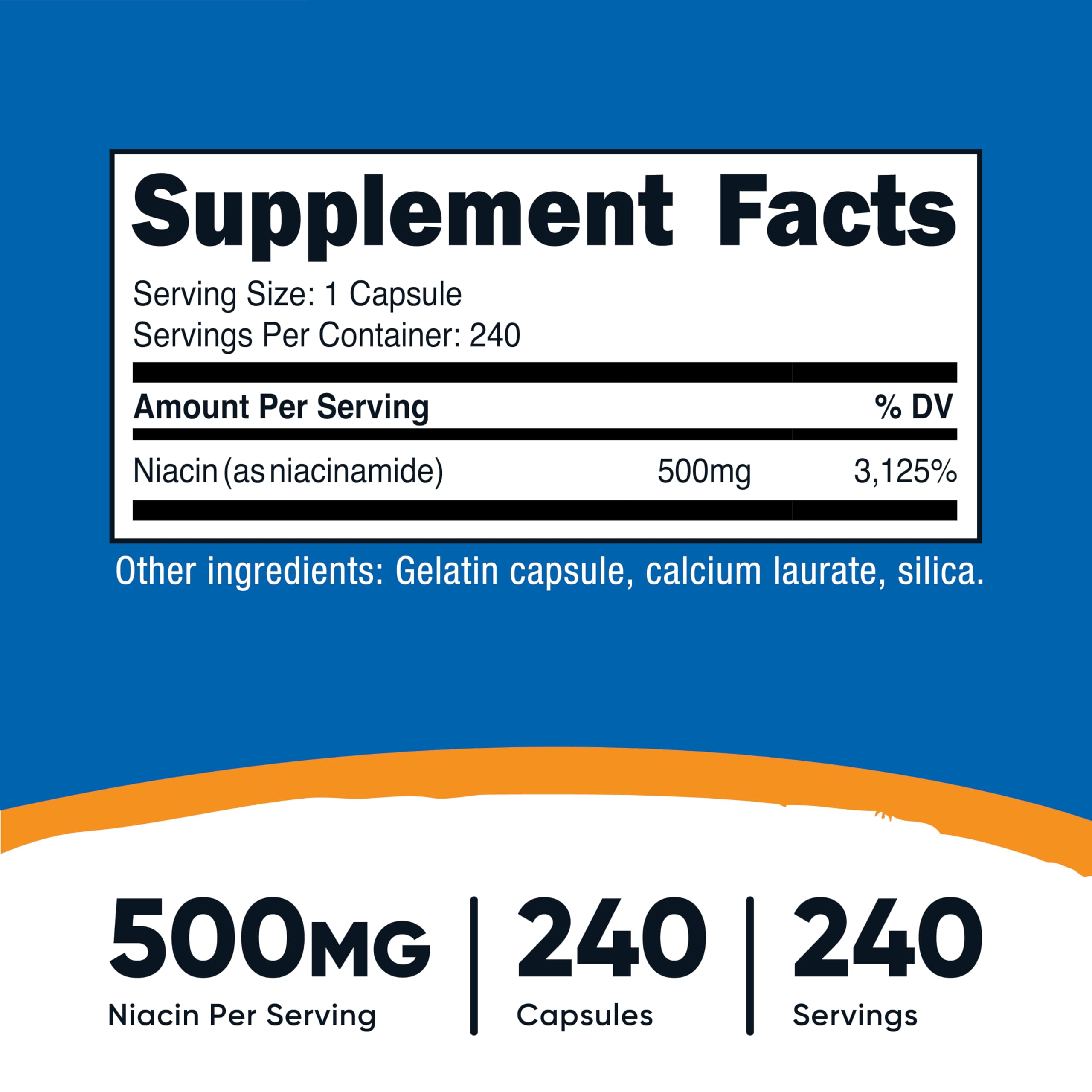 Niacinamide (Vitamin B3) 500mg, 240 Capsules - Non-GMO, Gluten Free