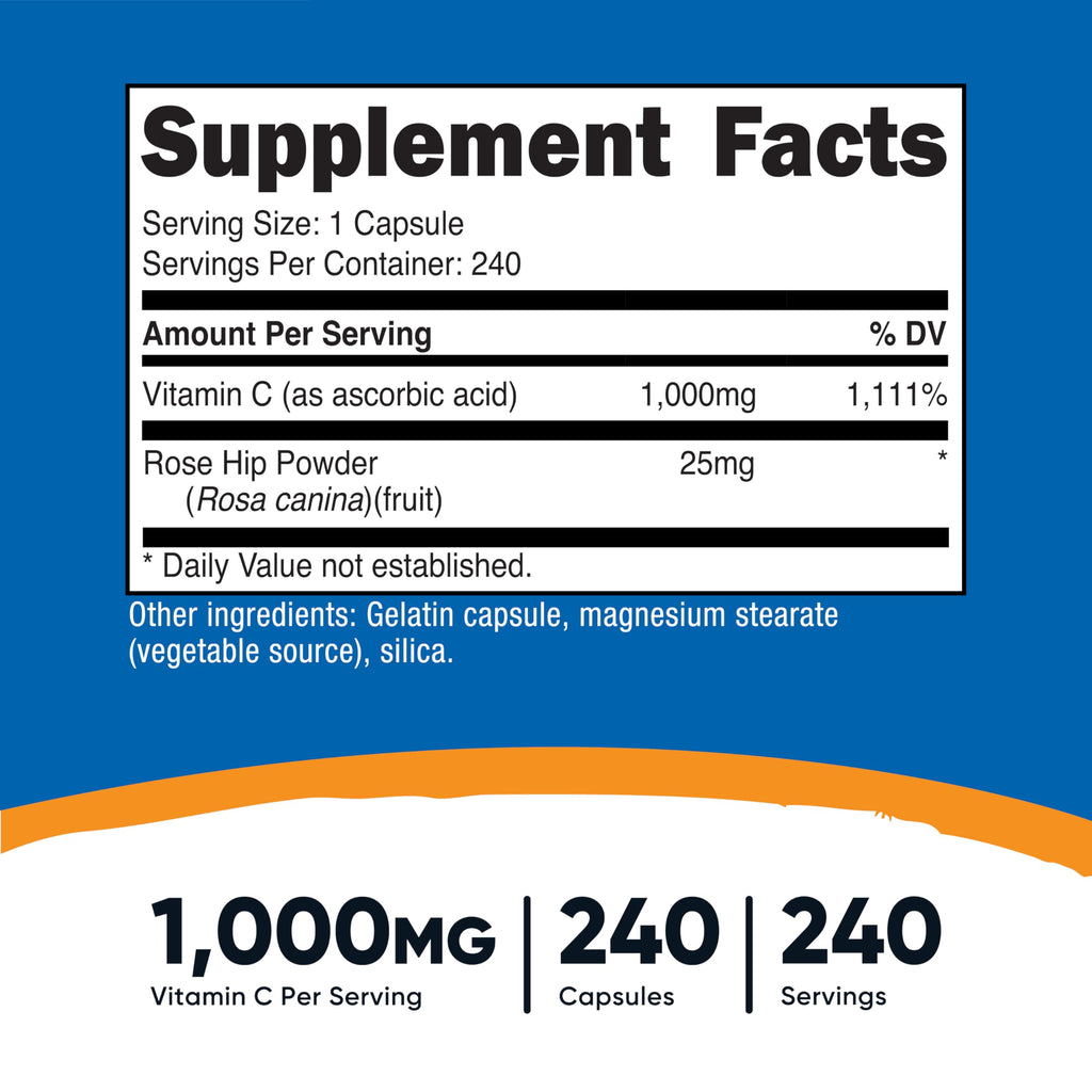 Vitamin C 1000mg, 120-240 count, Premium, Non-GMO, Gluten Free Supplement