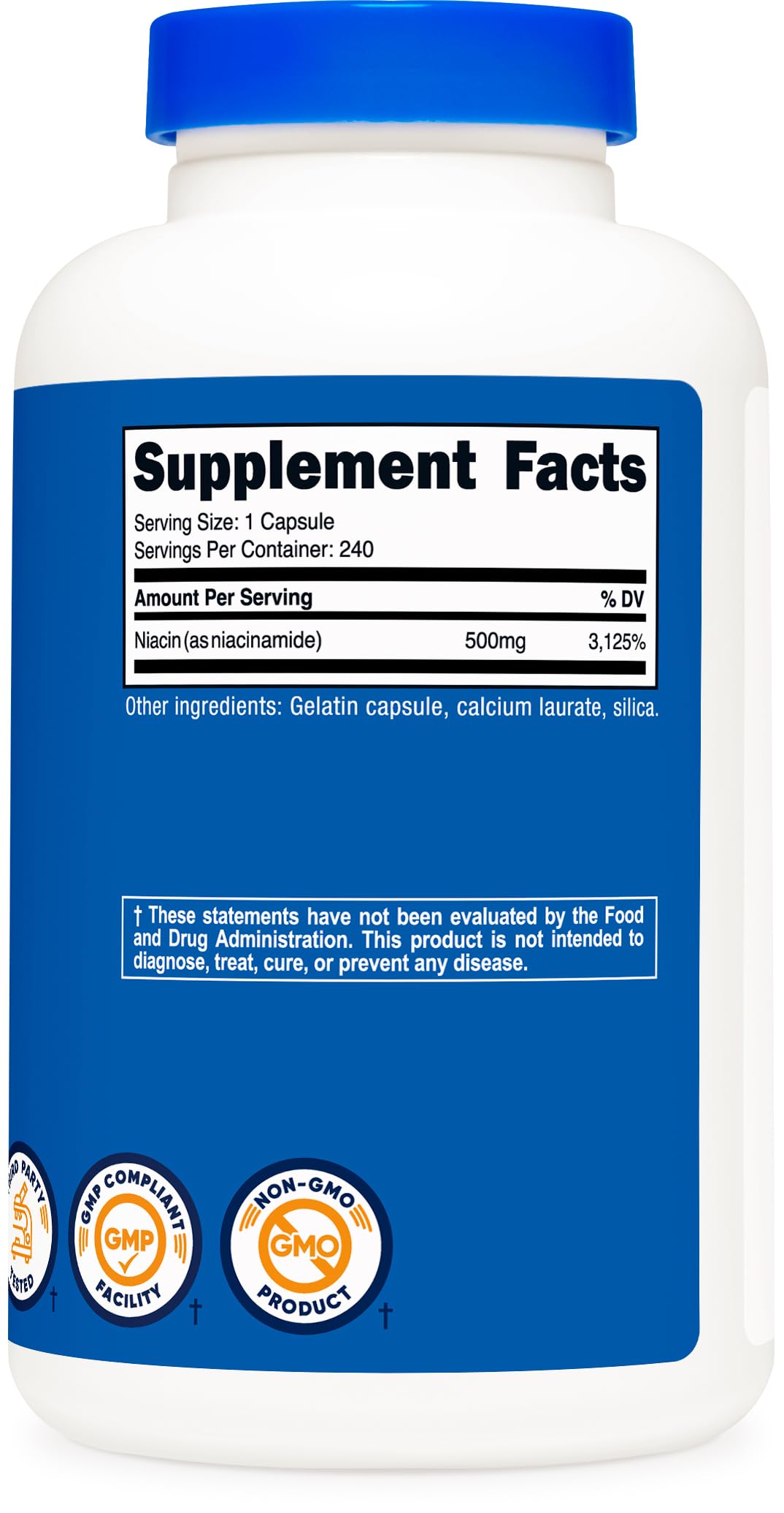 Niacinamide (Vitamin B3) 500mg, 240 Capsules - Non-GMO, Gluten Free