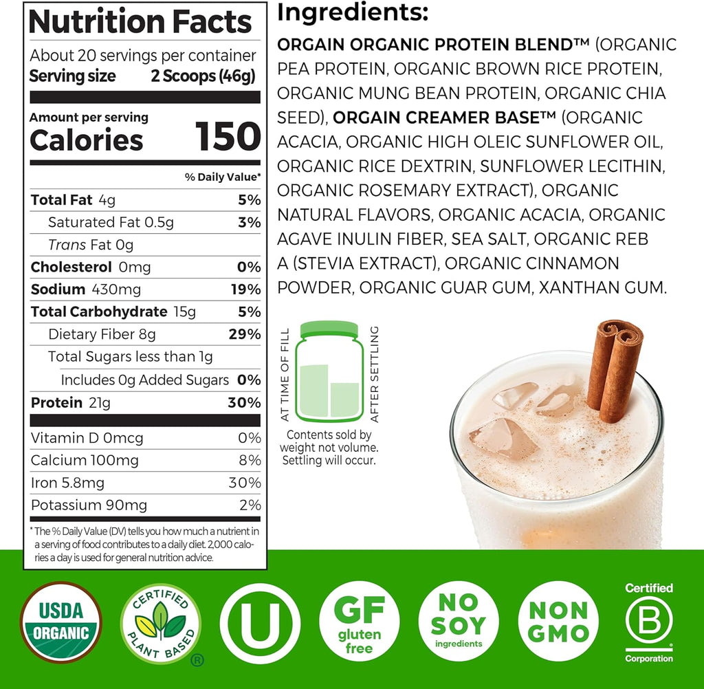 Organic Protein Powder, 21g Plant Protein, No Lactose Ingredients, No Added Sugar