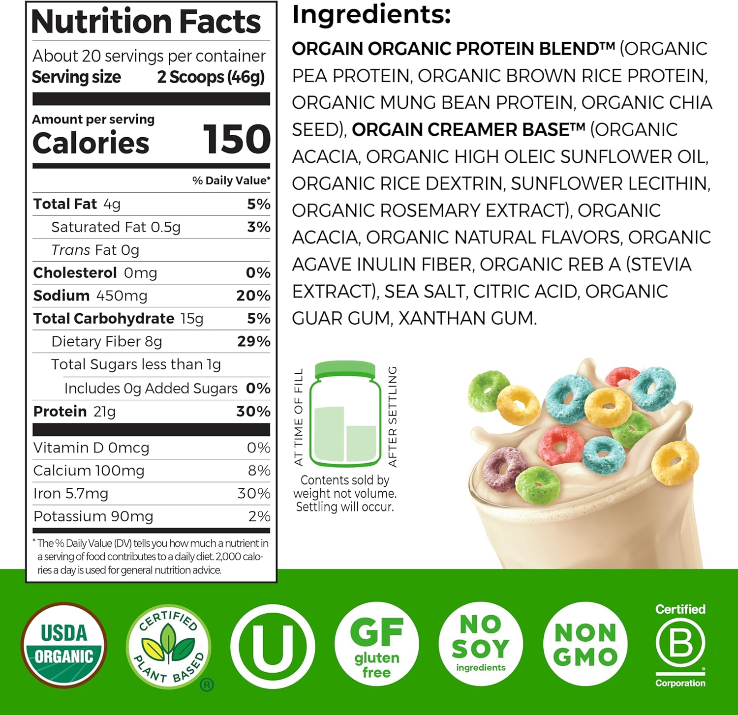Organic Protein Powder, 21g Plant Protein, No Lactose Ingredients, No Added Sugar