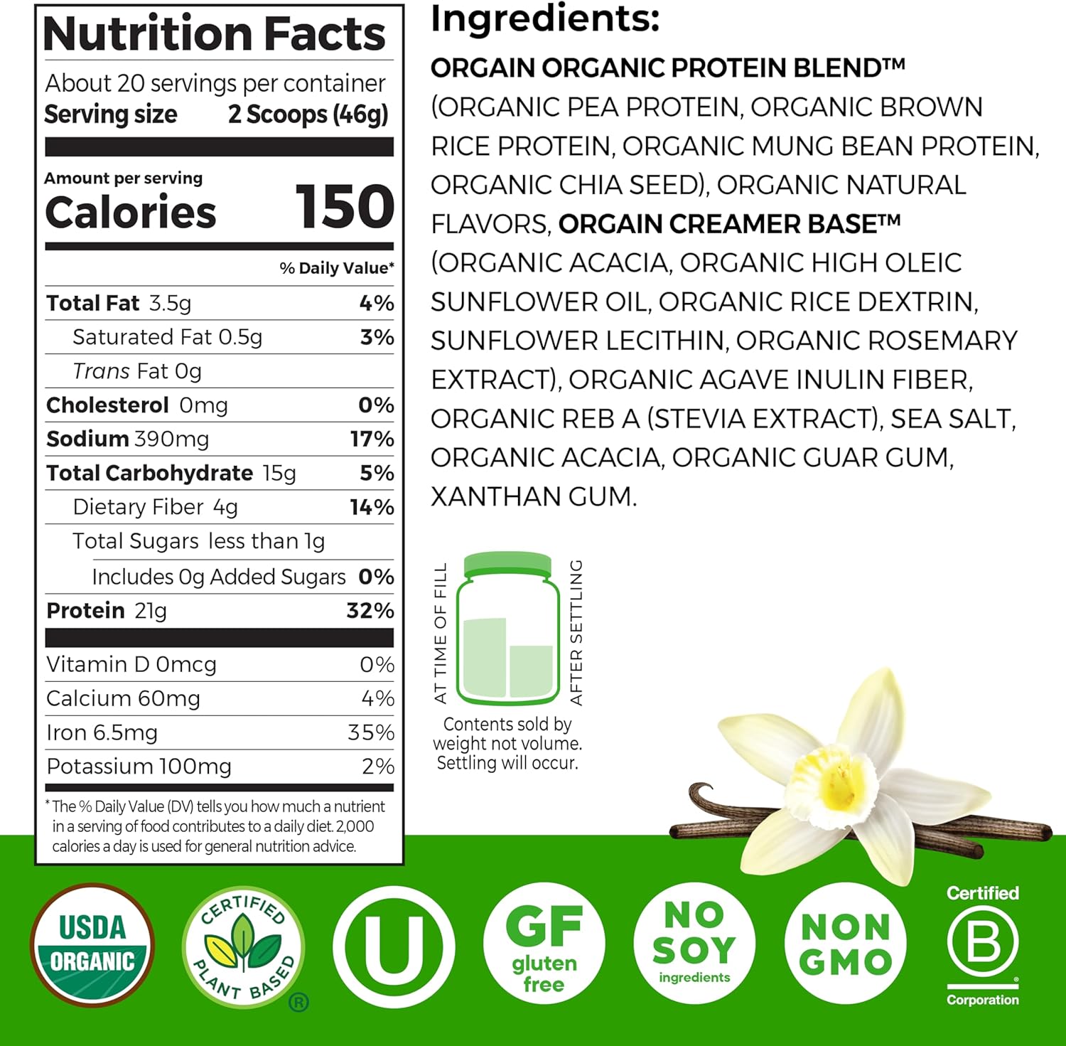 Organic Protein Powder, 21g Plant Protein, No Lactose Ingredients, No Added Sugar
