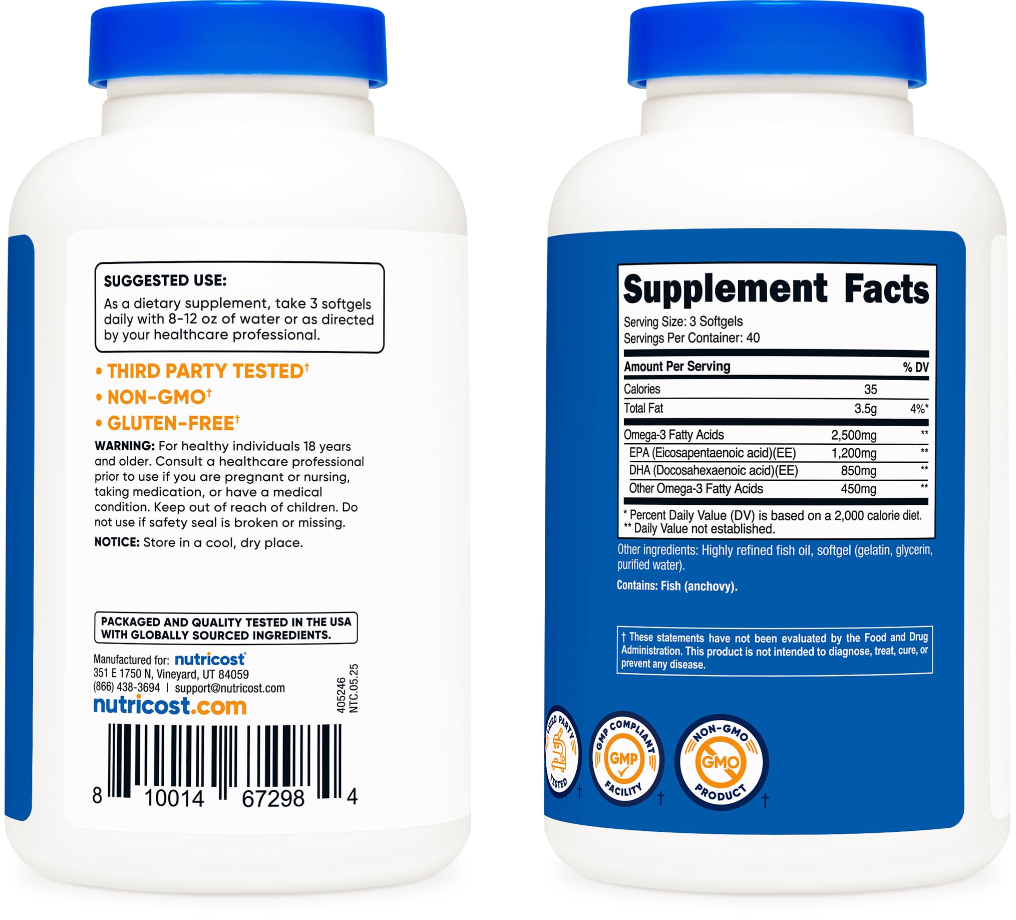 Omega 3 Fish Oil - 2500MG, 120 Sofgels, 1200mg EPA 850mg DHA - Non-GMO, Gluten Free