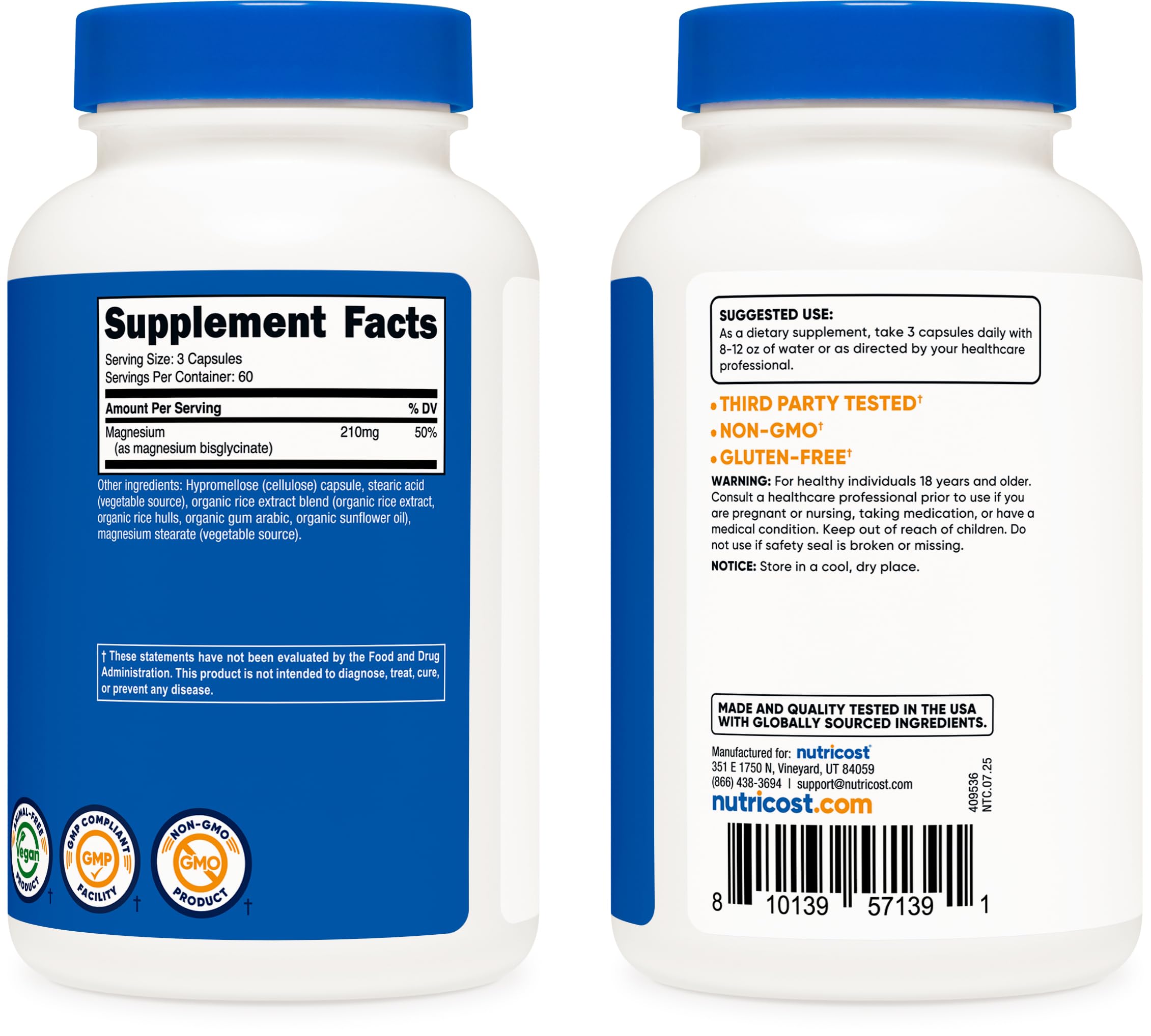 Magnesium Glycinate Capsules (180 Capsules, 210 mg Per Serving)