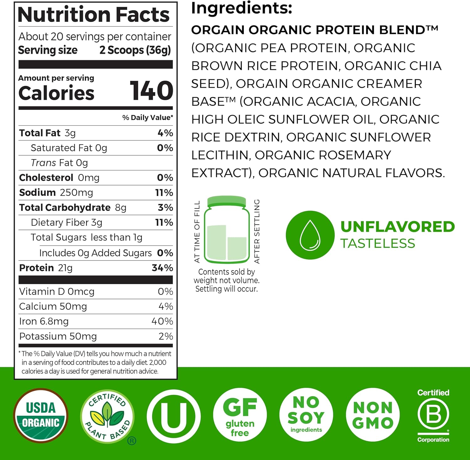 Organic Protein Powder, 21g Plant Protein, No Lactose Ingredients, No Added Sugar