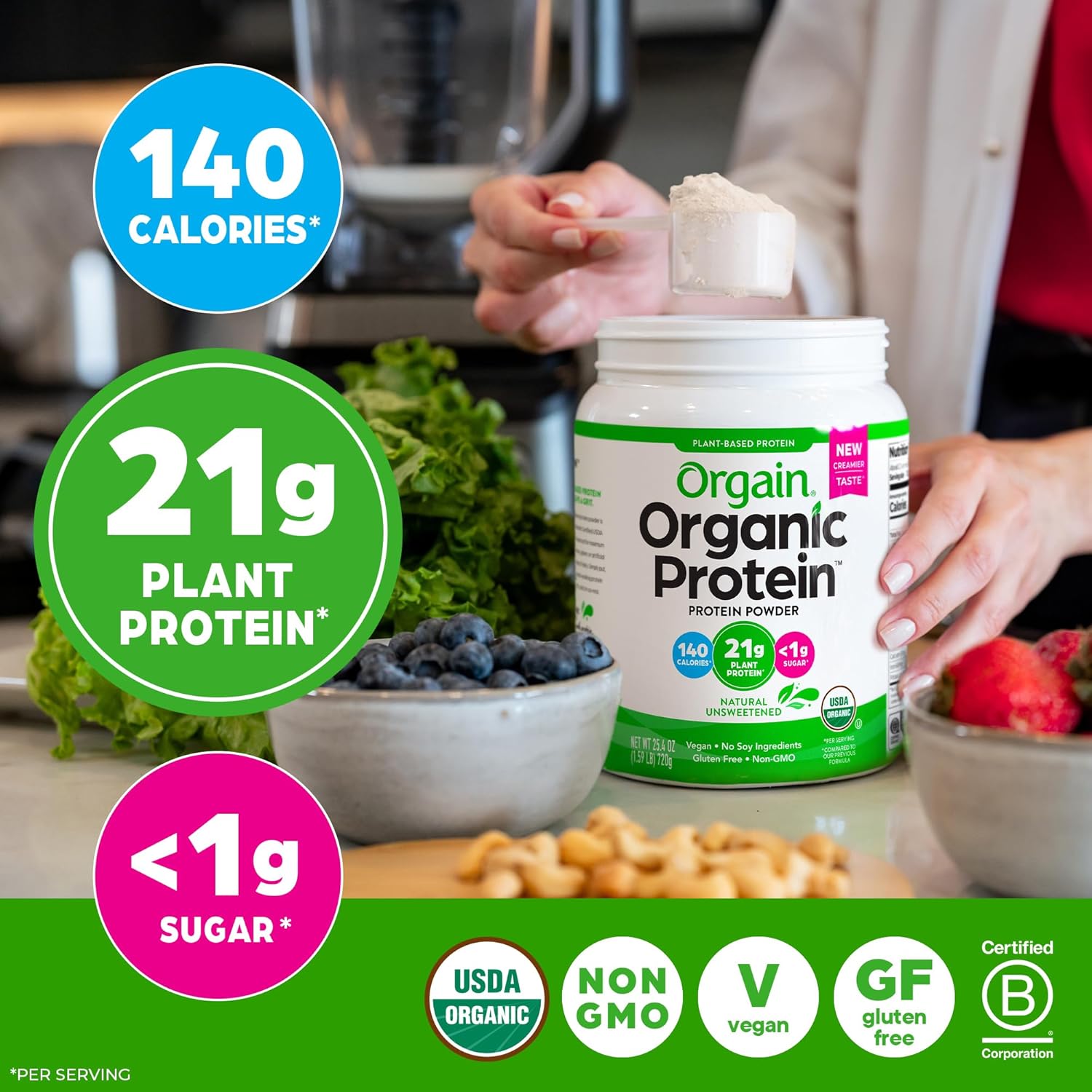 Organic Protein Powder, 21g Plant Protein, No Lactose Ingredients, No Added Sugar