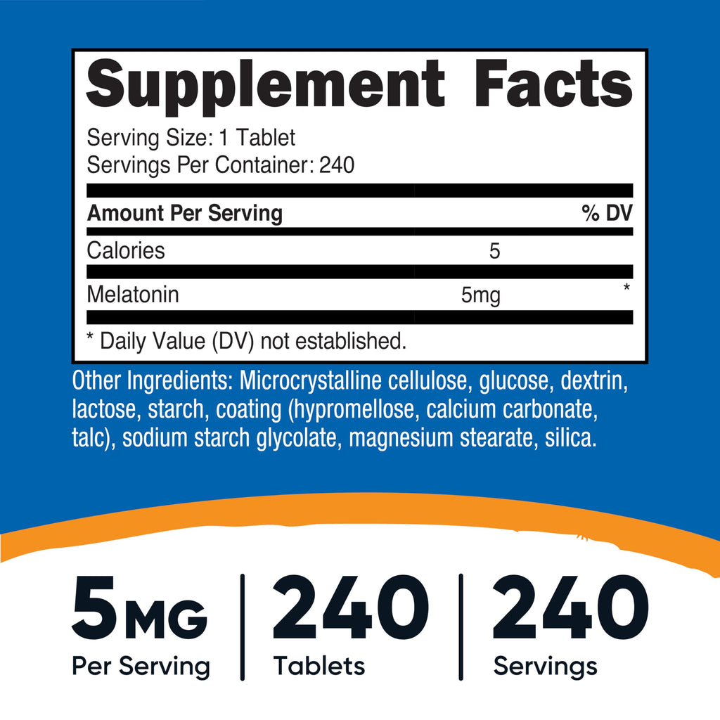 Melatonin 5mg, 240 Tablets - 5mg Per Serving, Non-GMO, Gluten Free