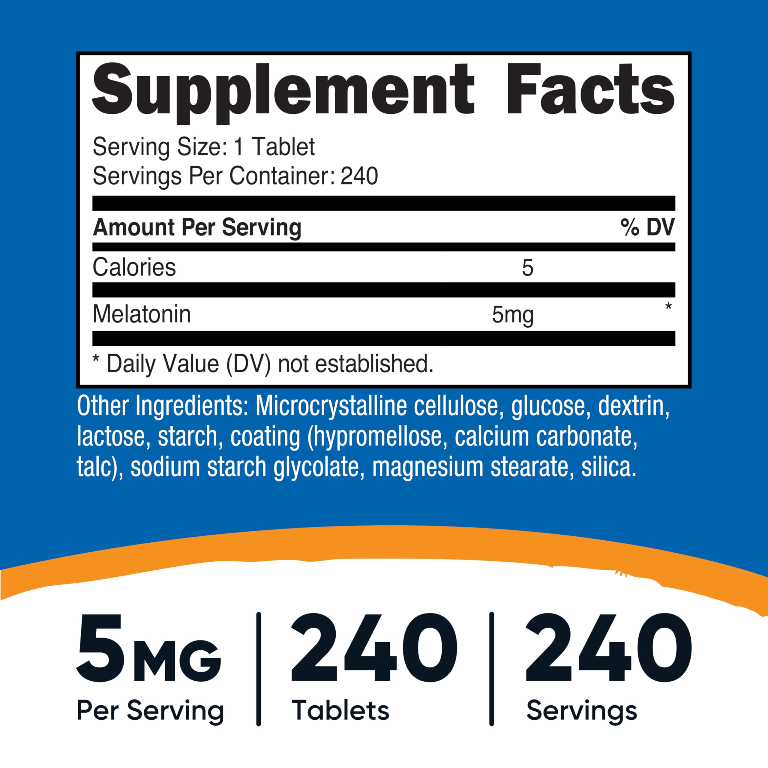 Melatonin 5mg, 240 Tablets - 5mg Per Serving, Non-GMO, Gluten Free