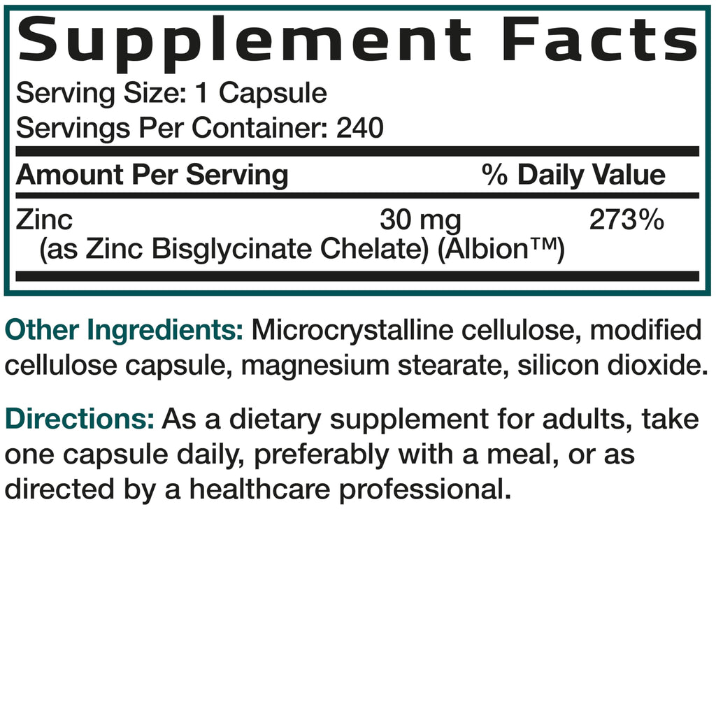 Zinc Glycinate 30mg, 240 Vegetarian Capsules