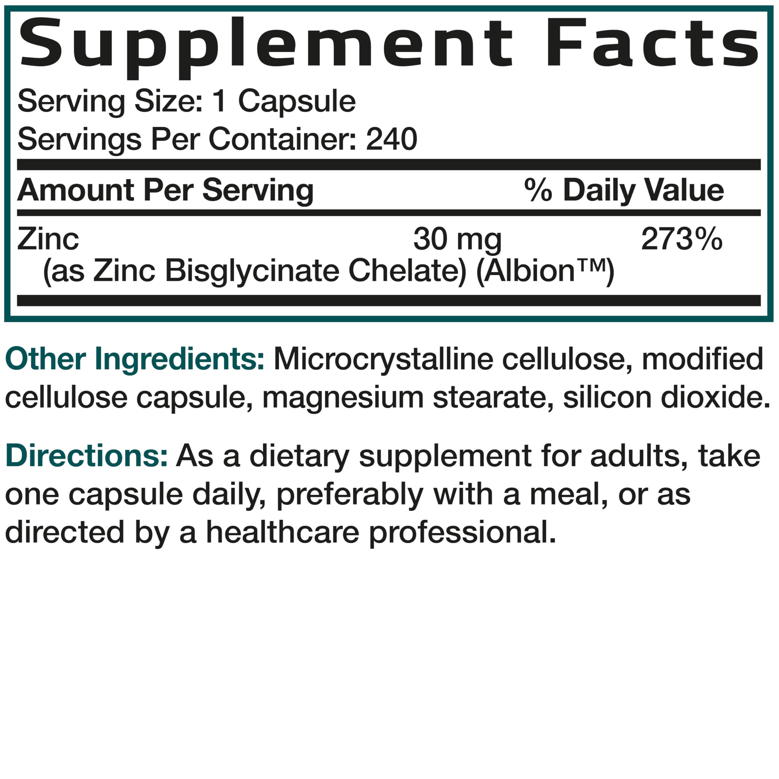 Zinc Glycinate 30mg, 240 Vegetarian Capsules