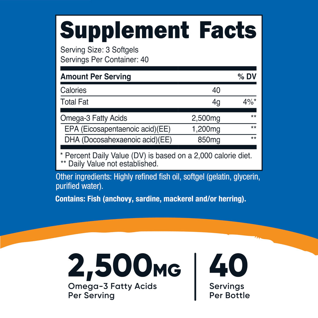 Omega 3 Fish Oil - 2500MG, 120 Sofgels, 1200mg EPA 850mg DHA - Non-GMO, Gluten Free
