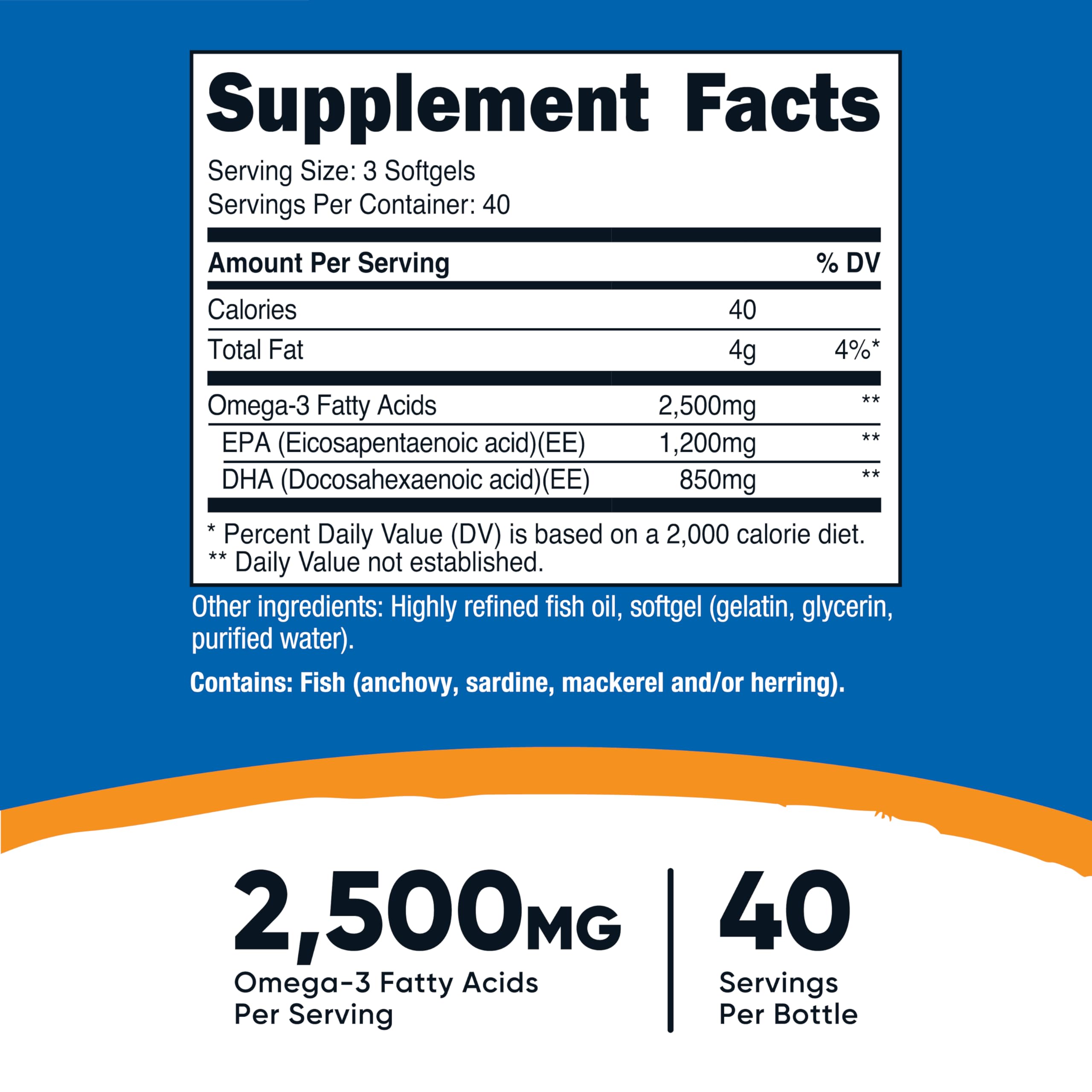 Omega 3 Fish Oil - 2500MG, 120 Sofgels, 1200mg EPA 850mg DHA - Non-GMO, Gluten Free